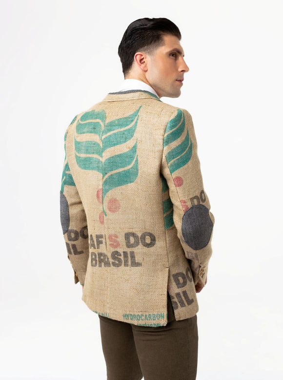 THE COFFEE JACKET Classico - exquisit men`s blazer from upcycled coffee sacks with original print of the coffee farm. Sustainable garment for fashion-conscious men